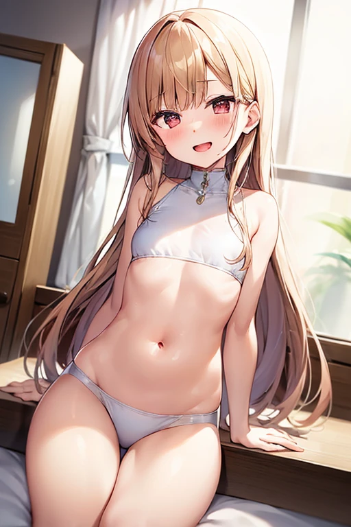 ((Best Quality)), ((masterpiece)), (be familiar with),  perfect face, indoor, bedroom,  watching viewers,
One woman,  Kitakawa Kaiumi,
 open mouth , Ecstatic expression, blush, smile,
Small breasts,  flat chest, , , , Girl,
Long Hair,  long hair,
Leg spread,