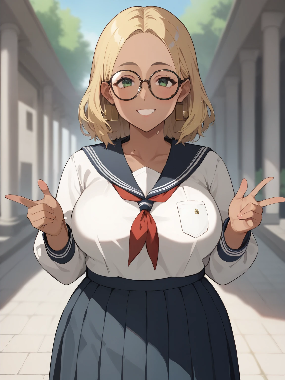  score_9,  score_8_up,  score_7_up, anime break， High image quality ，Tanned Gal，blonde，Very chubby girl，blonde with green eyes, Medium length hair ，Open forehead，Round Face，A shy smile，Ample breasts， Black Square Framed Glasses Greek Goddess，Long sleeve sailor suit， short pleated skirt ，Ancient Greece，Wet Skin，Cunning gestures，Accurate and detailed female fingers，