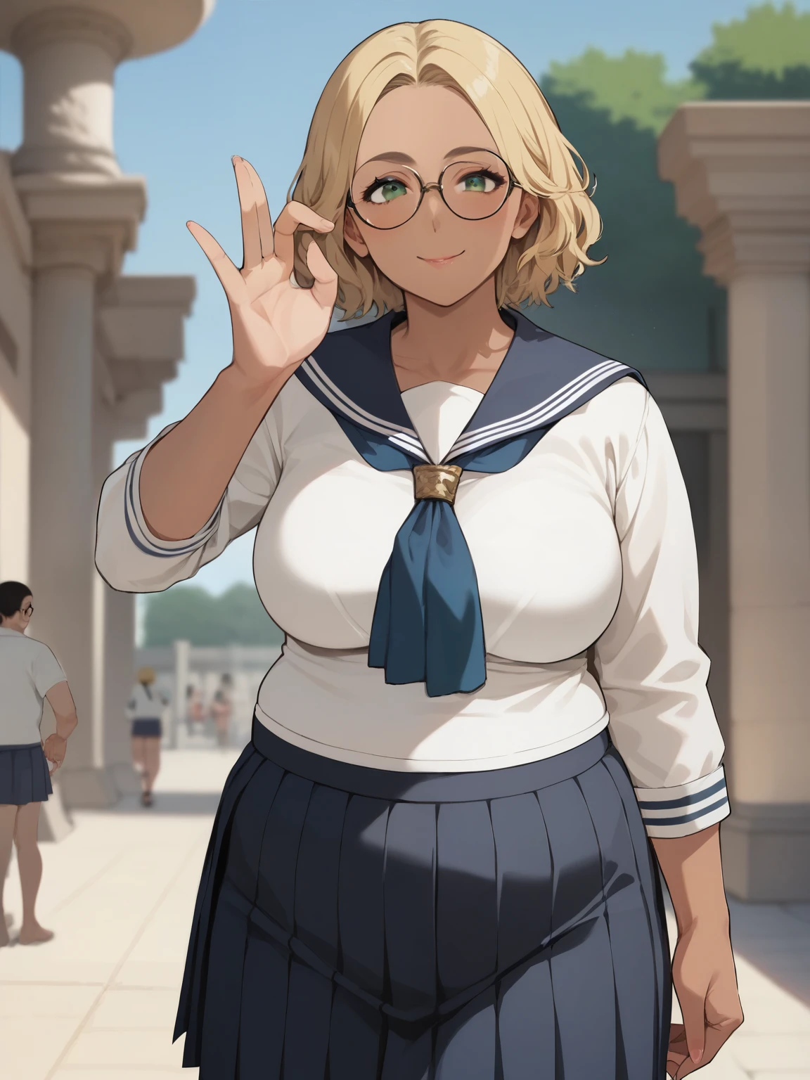  score_9,  score_8_up,  score_7_up, anime break， High image quality ，Tanned Gal，blonde，Very chubby girl，blonde with green eyes, Medium length hair ，Open forehead，Round Face，A shy smile，Ample breasts， Black Square Framed Glasses Greek Goddess，Long sleeve sailor suit， short pleated skirt ，Ancient Greece，Wet Skin，Cunning gestures，Accurate and detailed female fingers，