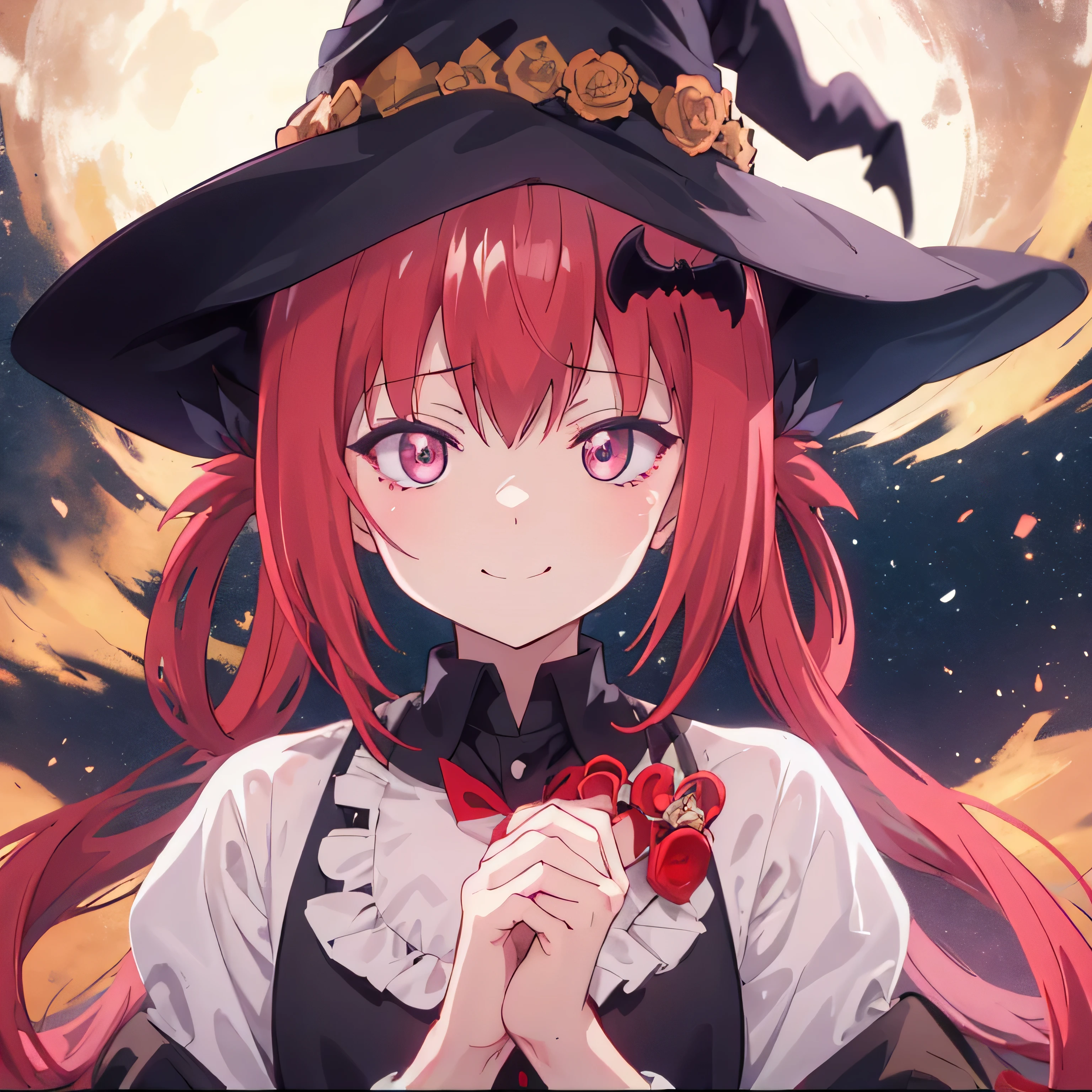 Satanichia McDowell beautiful little face
and with a beautiful and captivating smile
watching a beautiful night in a giant park
 And big, beautifully dressed in a witch costume
Semi-long red hair tied up with 2 pigtails and
pretty detailed magenta eyes
nice accessory on your high collar
arms and hands detailed