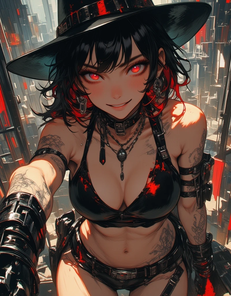 cowboy shot, view from below, 1girl, looking at viewer, crimson eyes, cool beauty, short hairstyle, black hair, red strands of hair, sharp eyes, mature face, slim body, villain clothes clothes, crazed face, evil smirk, lips, exotic clothes, midriff clothes, fit girl, fit body, wild appearance, wild style, stomping viewer, intricate portrait, detailed illustration,
