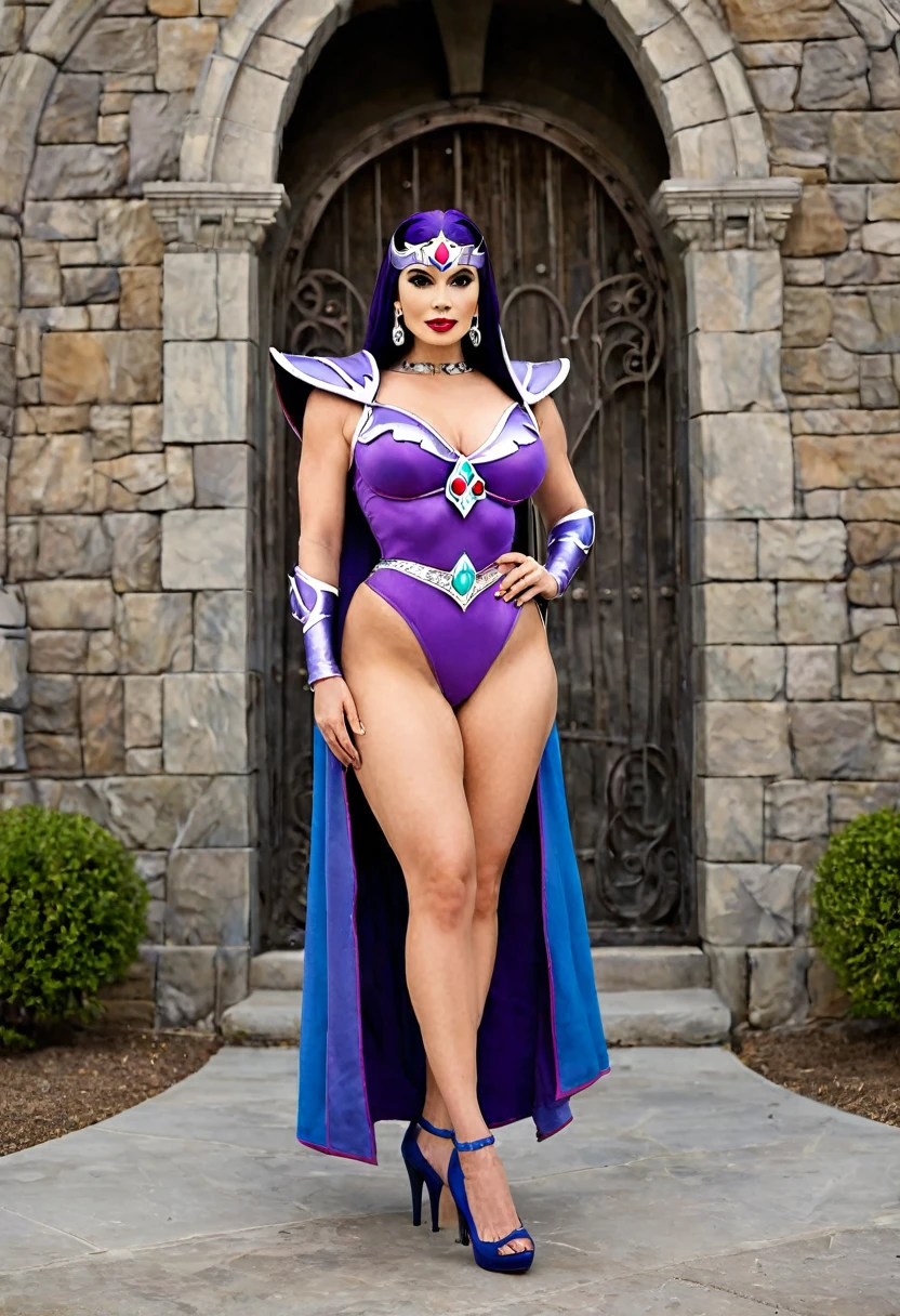 Full body shot of a beautiful female with a curvy thick body and large full natural breasts, Evil-Lyn from Masters of the Universe, wearing high heel shoes, standing outside of Skeletor's Castle