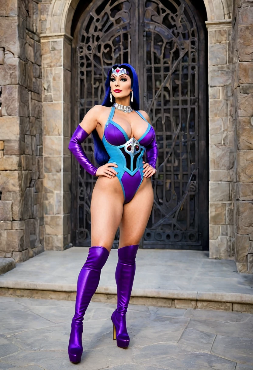 Full body shot of a beautiful female with a curvy thick body and large full natural breasts, Evil-Lyn from Masters of the Universe, wearing high heel shoes, standing outside of Skeletor's Castle