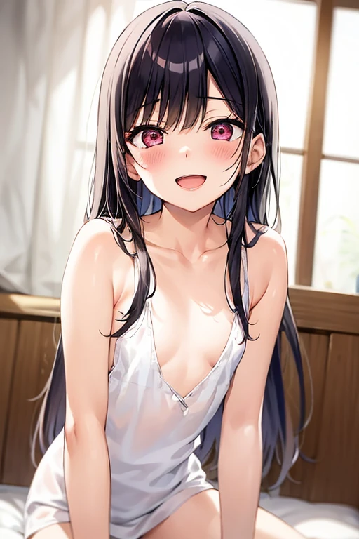 ((Best Quality)), ((masterpiece)), (be familiar with),  perfect face, indoor, bedroom,  watching viewers,
One woman,  Kitakawa Kaiumi,
 open mouth , Ecstatic expression, blush, smile,
Small breasts,  flat chest, , , , Girl,
Long Hair,  long hair,
Leg spread,