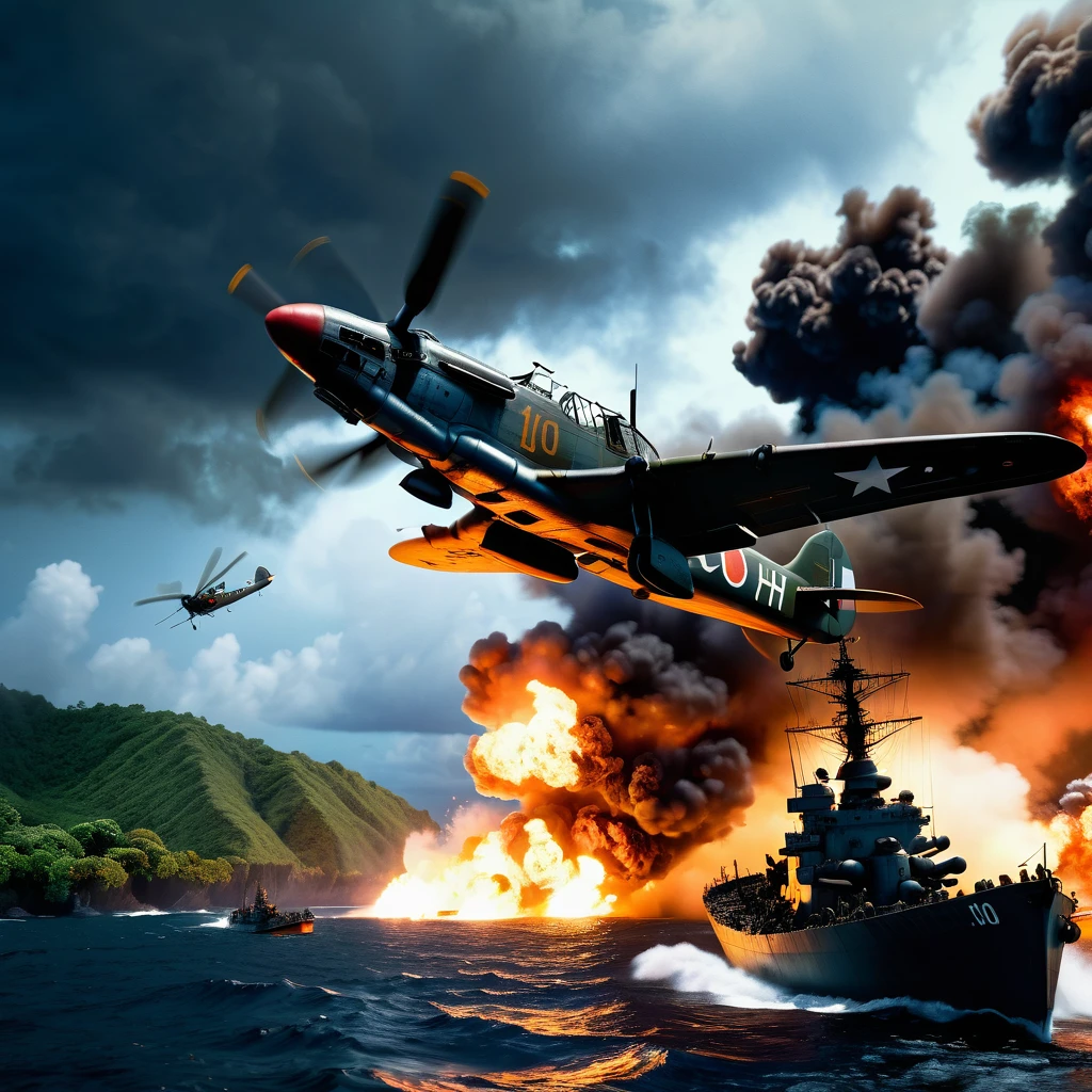 A dramatic depiction of the attack on Pearl Harbor, with Japanese Zero fighters swooping down on the U.S. fleet. Battleships are engulfed in flames, and thick black smoke rises from the wreckage. Explosions light up the scene, and American sailors are seen scrambling to defend their ships and save their comrades. unparalleled (a military helicopter little bird MH-6 launching a missile in a jungle at night, low angle view, ultra high-detailed machinery, ultra-realistic lighting, cinematic composition, dramatic, dark mood, gritty, moody colors, dramatic lighting, volumetric fog, ultra professional photorealistic, ultra high-detailed, ultra high-detailed), launching missile, jungle at night, military, cinematic lighting, dramatic composition, highly detailed, sharp focus, volumetric lighting, moody atmosphere, glowing missile exhaust, moonlit night, dense foliage, dynamic action pose, intricate high-details, cinematic color grading, dramatic shadows and highlights. insane (ultra high-quality),(ultra high-details),(ultra high-realistic),(top masterpiece:1.2),ultra high-detailed,(ultra high-realistic:1.37),ultra high-professional photorealistic,(ultra photo-realistic:1.37),UHD,HDR,DSLR,studio lighting,ultra-fine real-life,ultra sharp, physically-based rendering,ultra high-detail description,vivid colors,portrait,ultra high-concept art,high saturate,double exposure,varies,multi,etc. --v 6.1 --s 1000 --c 20 --q 500 --chaos 100