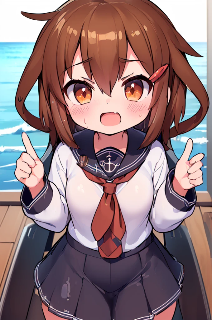 (kantai collection, Ikazuchi:1.5), (masterpiece:1.3), (ultra detailed:1.8), (1girl:1.8), (on the sea:1.5), (cowboy shot:1.4), teens, 
(serious:1.3), open mouth, (medium breast:1.2), (oily skin, shiny skin, sweat:1.3), (face detailed, body detailed:1.6), (uniform:1.4), (uniform detailed:1.6), (standing:1.4), (looking at viewer:1.3),