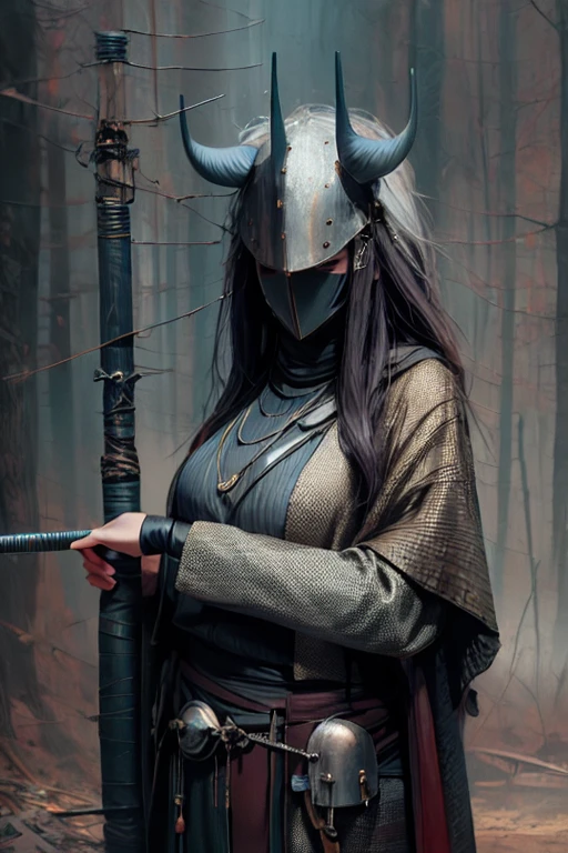 photorealistic,(hyperrealistic:1.2),beautiful,masterpiece,(best quality,4k,8k,highres,masterpiece:1.2),ultra-detailed,(realistic,photorealistic,photo-realistic:1.37),perfect lighting,derpd,mask,horns,cloak,faceless,katana,holding sword,detailed hands and fingers