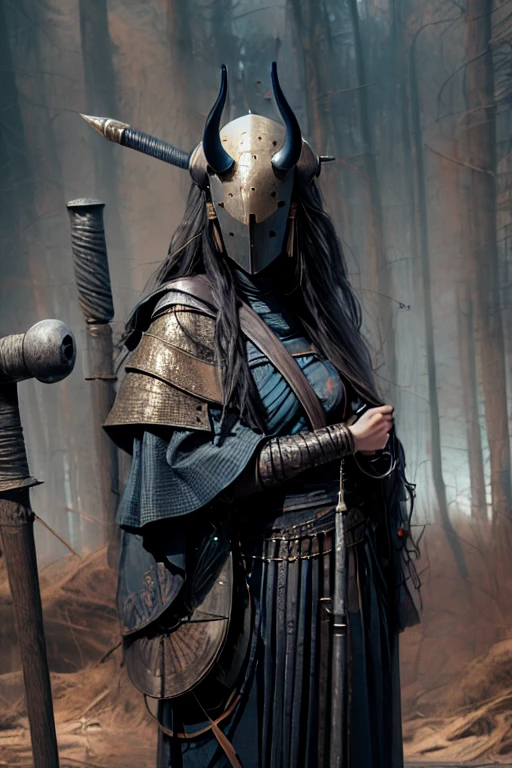 photorealistic,(hyperrealistic:1.2),beautiful,masterpiece,(best quality,4k,8k,highres,masterpiece:1.2),ultra-detailed,(realistic,photorealistic,photo-realistic:1.37),perfect lighting,derpd,mask,horns,cloak,faceless,katana,holding sword,detailed hands and fingers