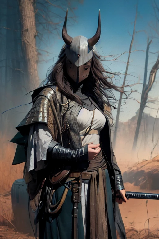 photorealistic,(hyperrealistic:1.2),beautiful,masterpiece,(best quality,4k,8k,highres,masterpiece:1.2),ultra-detailed,(realistic,photorealistic,photo-realistic:1.37),perfect lighting,derpd,mask,horns,cloak,faceless,katana,holding sword,detailed hands and fingers