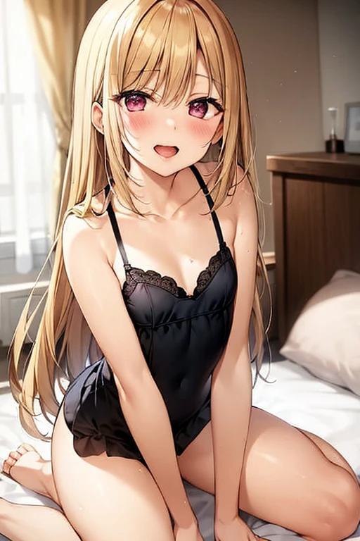 ((Best Quality)), ((masterpiece)), (be familiar with),  perfect face, indoor, bedroom,  watching viewers,
One woman,  Kitakawa Kaiumi,
 open mouth , Ecstatic expression, blush, smile,
Small breasts,  flat chest, , , , Girl,
Long Hair,  long hair,
Leg spread,