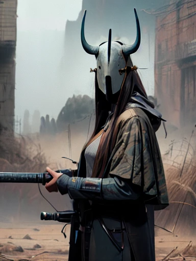 photorealistic,(hyperrealistic:1.2),beautiful,masterpiece,(best quality,4k,8k,highres,masterpiece:1.2),ultra-detailed,(realistic,photorealistic,photo-realistic:1.37),perfect lighting,derpd,mask,horns,cloak,faceless,katana,holding sword,detailed hands and fingers