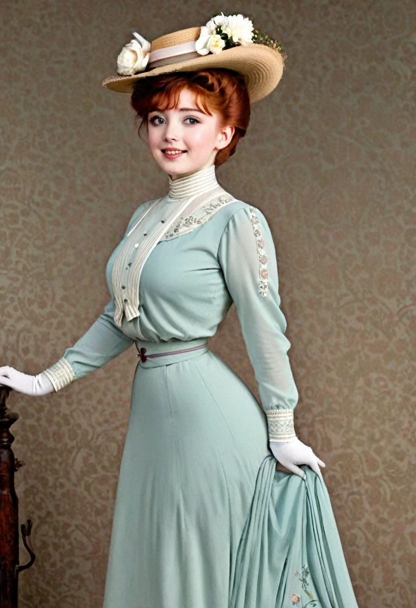 Anna as a coquettish **** redhead Gibson Girl of the 1900s. Year 1903. 1900_dr3ss. High-collar long sleeve shirtwaist, flower-brimmed hat. Long hair. Large breasts, wasp waist, bubble butt