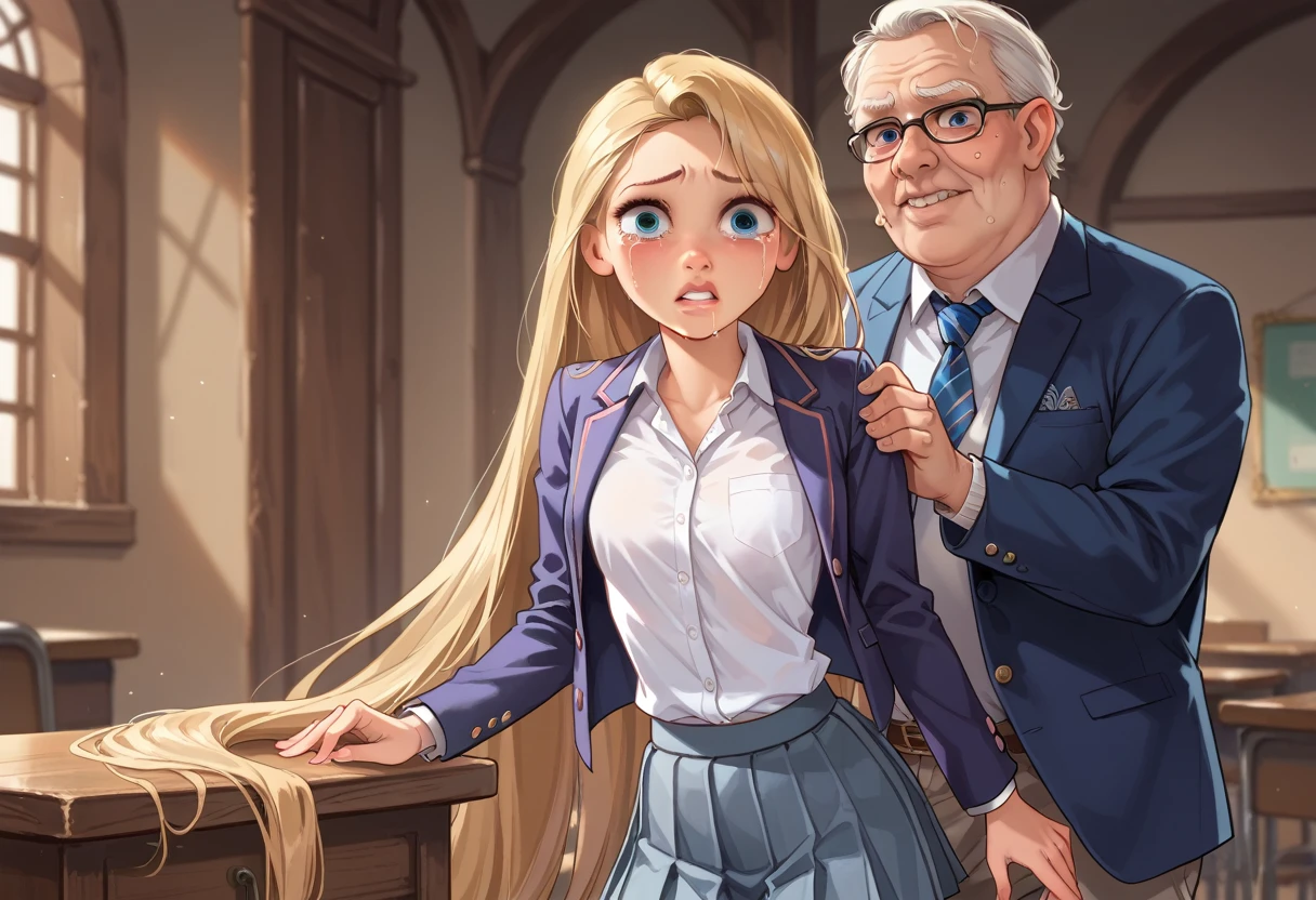 1girl ,rapunzel,,skinny, petite, small waist, pink lips, beautiful, blue eyes, school uniform (((collared white shirt, grey pleated miniskirt,blazer))), crying, afraid, fucked from behind by old man,((having sex)), cum, ponytail