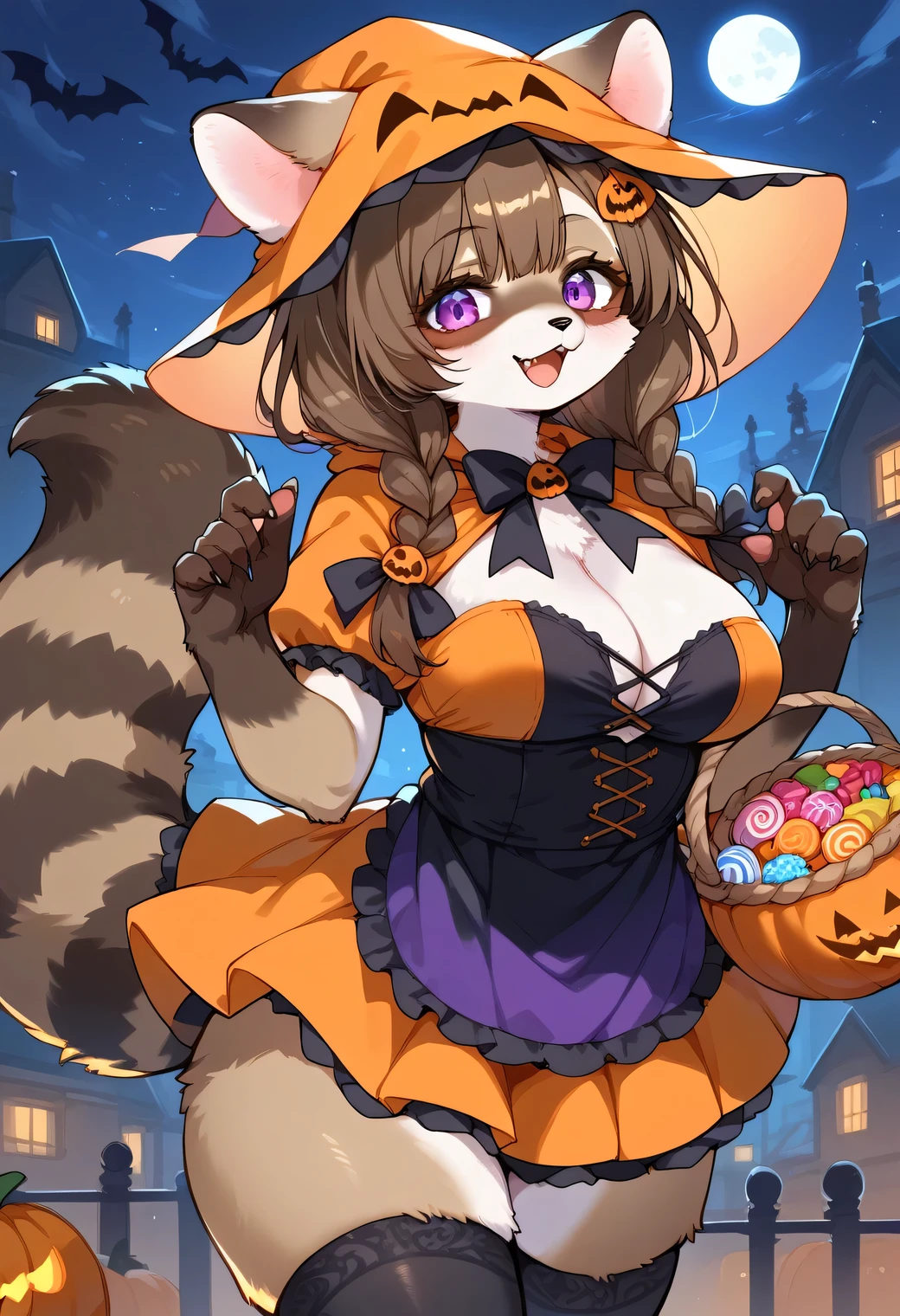 score_9, score_8_up, score_7_up, score_6_up, score_5_up, score_4_up, source_anime, best quality, amazing quality, very aesthetic, absurdres, 1girl, (furry, kemono:1.3), raccoon girl, breasts, purple eyes, animal ears, animal tail, solo, basket, thighhighs, braid, twin braids, medium breasts, looking at viewer, food, cleavage, halloween, tail, brown hair, alternate costume, candy, bat (animal), open mouth, blush, raccoon ears, raccoon tail, halloween costume, hood, black thighhighs, long hair, hair ornament, smile, long braid