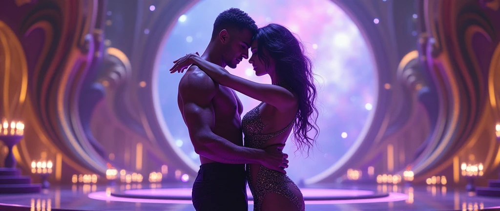 Create a cinematic scene of A black man and black woman dancing salsa on top of glowing footprints in outer space, surrounded by glittering particles, glittering particles shining a blue light in the scene providing a blue glittering cinematic scene, dance movie, 32k, ultra HD, unreal engine rendered, hyper-realistic image, artgerm style,