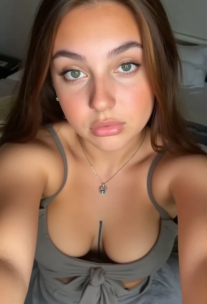 Arafed Mujer con camiseta sin mangas y bragas a juego, Chica sexy con ojos azules, Retrato Sophie Mudd, brown hair and large eyes, selfie de una mujer joven, Camera eyes, Violeta Myers, Sin maquillaje, Maquillaje natural, staring directly into camera, Cara con Artgram, Maquillaje sutil, Gran foto de cuerpo entero, escote, en la cama, NSFW, kinky, topples, small top, cleavage, desnuda, tetas perfectas
