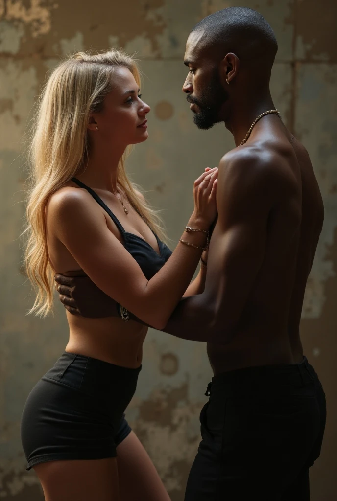 (Photorealsitic:1.4), (masterpiece:1.3), (top-quality:1.4), ((ultrarealistic)), HD 8k, (Sharp focus: 1.2), (Focus on the face:1.4), well proportioned full body of
Beth (innocent shy sexy blonde woman 28 years 1.6 m height) and
Jackson ( big muscular black man 38 years 1.90 m height),
Beth with innocent expression, (extremely beautiful: 1.2), amazing beautiful, extraordinary beautiful, Detailed cute femenine and beautiful face, Detailed facial features , Anatomically correct, Highly detailed face and skin texture, Natural Cheeks, subttle Glowing white skin, Fair skin: 1.3, (Glossy Lips: 1.4), (light blonde very short straight silky hainer hair bob style:1.2 ), glowing beautiful bright clear light blue big naive eyes, double eyelids, fine little sensual nose, femenine little mouth with big full red pucky lips, thin chin, freckles, narrow long neck, femenine narrow shoulders, long eyelashes, elegant lady, subtle makeup, extremely beautyful tonned legs, extremely nice perky ass, narrow waist, defined and tonned belly, sexy hips, full Lush bust, detailed eyes and face,
Jackson is a dangerous man, handsome and extremely masculine, (strong and muscular legs chest and arms: 1.2), wide shoulders, powerful jaw, (black bald man), (without beard: 1.1), (big bulge in crotch: 1.1),
(woman is wearing a translucid blouse and a long transparent skirt: 1.3),
(man is wearing white short lycra thong: 1.2), chest and back exposed showing his muscles,
(intimate night bedroom ),
alternative vibe, intimate lighting, high contrast, dramatic shadows, highly detailed, detailed skin, depth of field, dynamic angle,
Beth standing in front of the sofa, Jackson sitting on sofa taking her hand, extremely detailed bodies and faces, (extremely explicit of erotic anticipation:1.4), he is much taller than her.