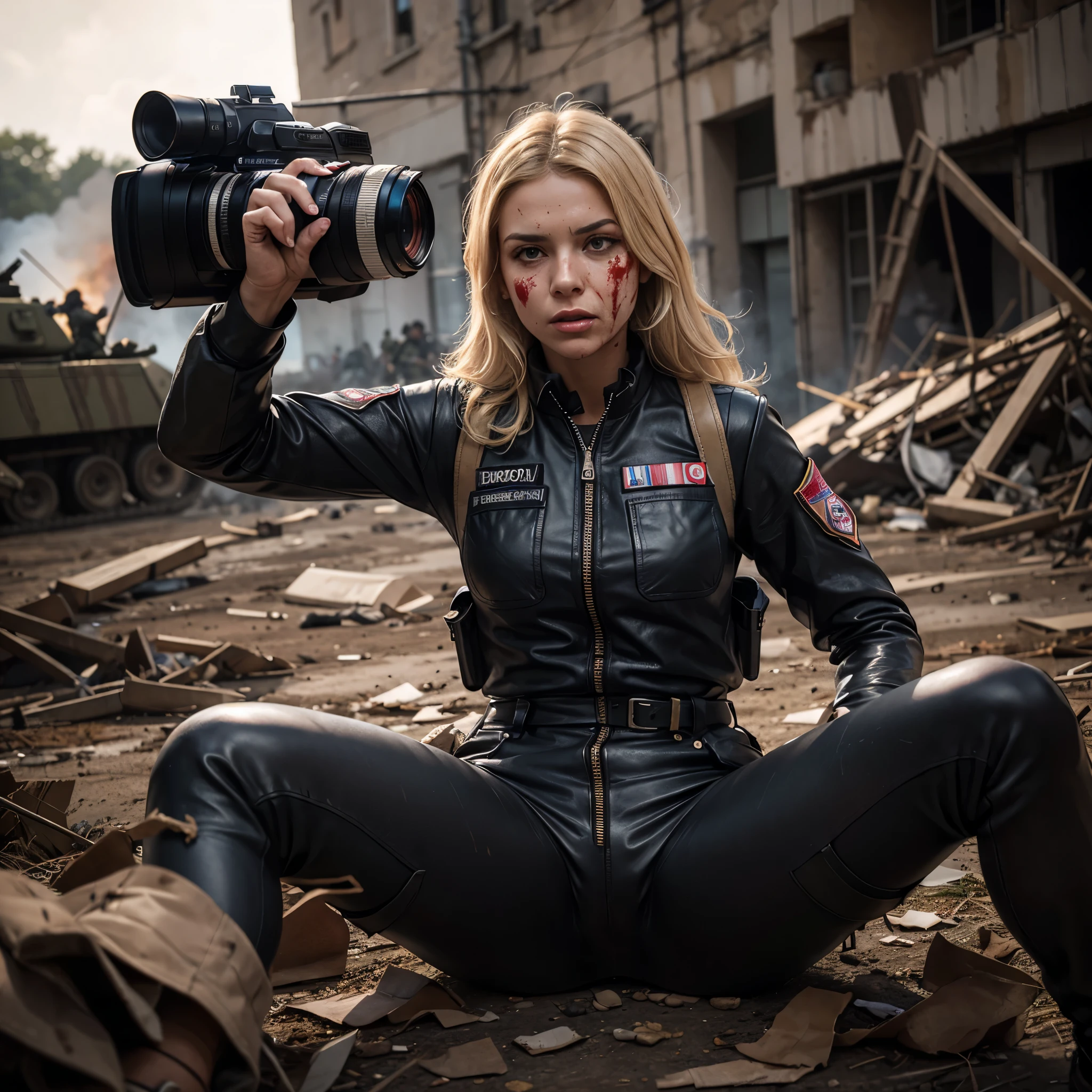 Blonde woman, War photographer with a camera , Blood on her leather jumpsuit and face,  war scene around her with explosions and whistling bullets,  a bulletproof vest with the inscription PRESS on it . spread legs 