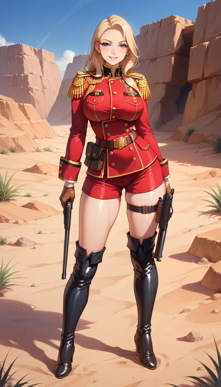  masterpiece,   highest quality , 1 girl, standing, Alone,  BIG BREASTS, thin waist, thighs grossas, red uniform militar, epaulettes, thigh boots, uniform militare, military, uniform, belt, shorts, boots,  gloves,  thighs,  full legs,  straight and long blond hair, blue eyes,  looking at the viewer  , half-closed eyes,   mischievous smile , in the desert, Hold gun ,