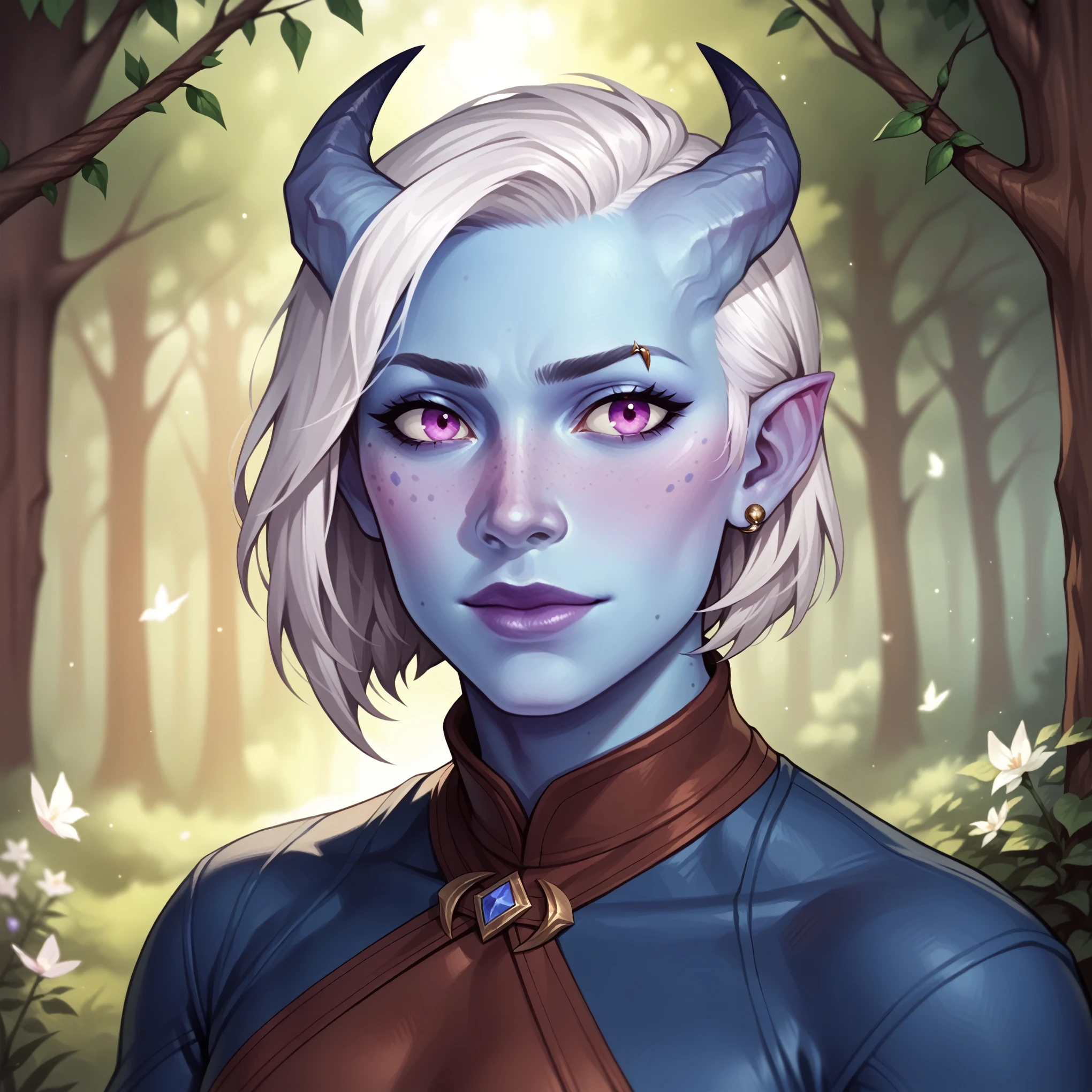 (((beautiful, high quality, comics style, detailed face))), score_9, score_8_up, score_7_up, BREAK, tiefling, 1boy, androgynous, short straight horns, blue skin, blue freckles, white hair, asymmetrical bob, slender, portrait, blurred background, (dynamic lighting:1.1) ((masterpiece)), easynegative