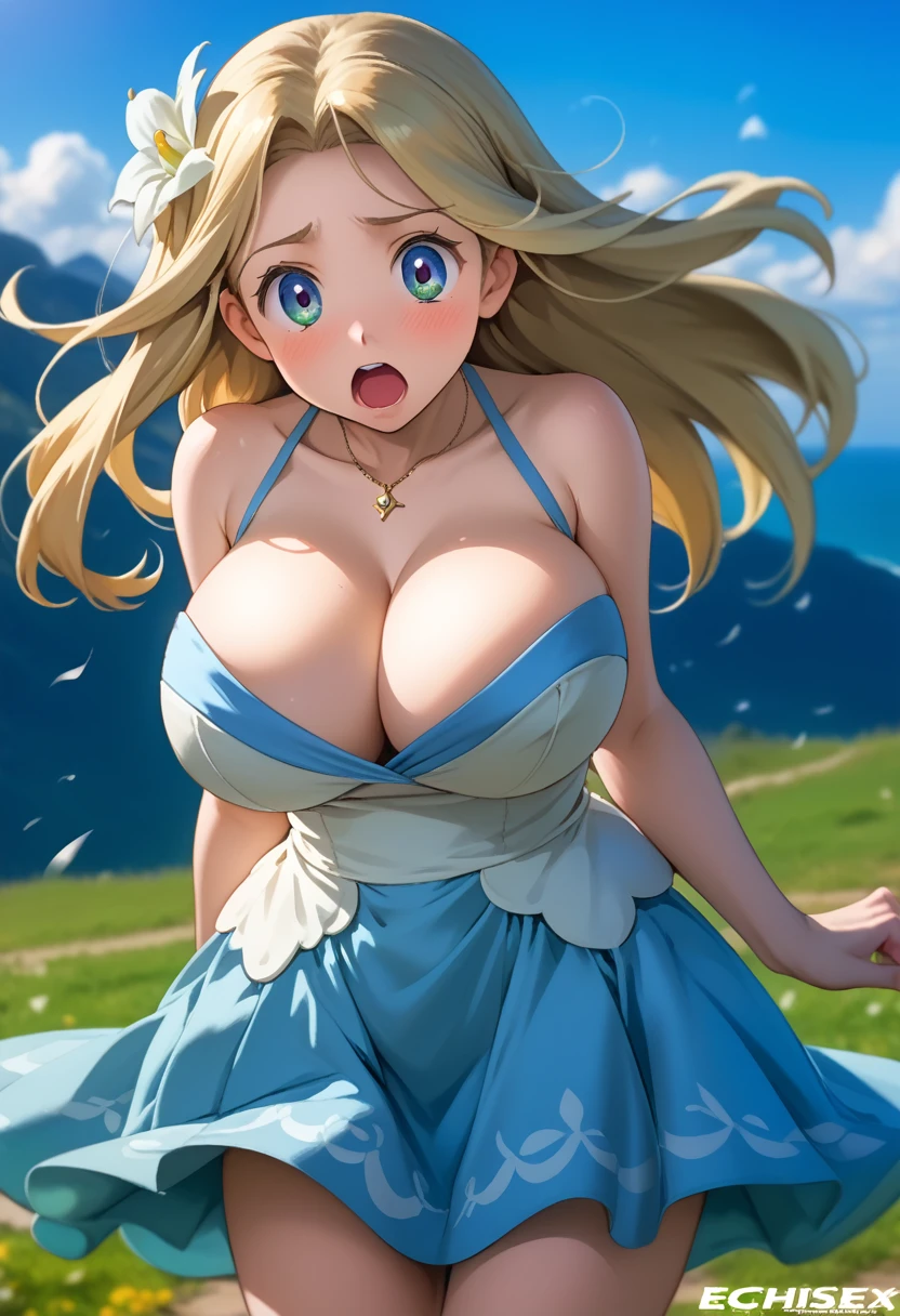 masterpiece, best quality, highly dramatic picture, beautiful eyes, cinematic lens effect, ((expensive dress)), ((Busty Bitches)), 1lillie,  ecchi girl sexy photoshoot , caught in the wind, upskirt, surprised expression 