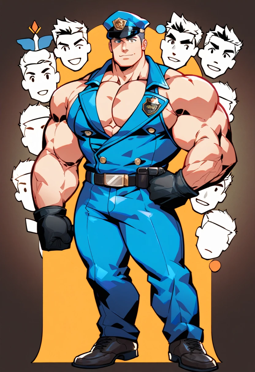  mature man，45 years， Short, detailed hair，Slag，muscular，huge pectorals，Broad shoulders， Thick-breasted ，（ large lump in the crotch ：1.5），leather harness， tight pants ，（ bare chest muscles ），name plate，To revolve ，police hat，Indecent expressions， indecent pose ，male gaze， masterpiece ，high sharpness，high detail， full lesbian bodies，in a panoramic view，cartoon， Line decoration style， pretty face 