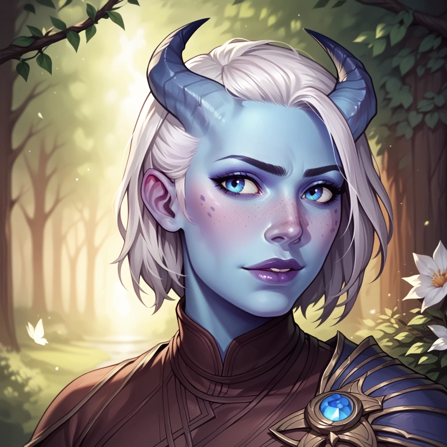 (((beautiful, high quality, comics style, detailed face))), score_9, score_8_up, score_7_up, BREAK, tiefling, 1boy, androgynous, short straight horns, blue skin, blue freckles, white hair, asymmetrical bob, slender, portrait, blurred background, (dynamic lighting:1.1) ((masterpiece)), easynegative