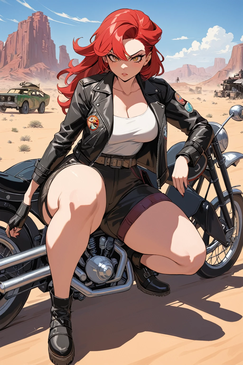 An outlaw woman from the desert, Red hair,  Black Leather Jacket , patches, shorts, retrofuturismo, fallout, 50s, thick thighs, 