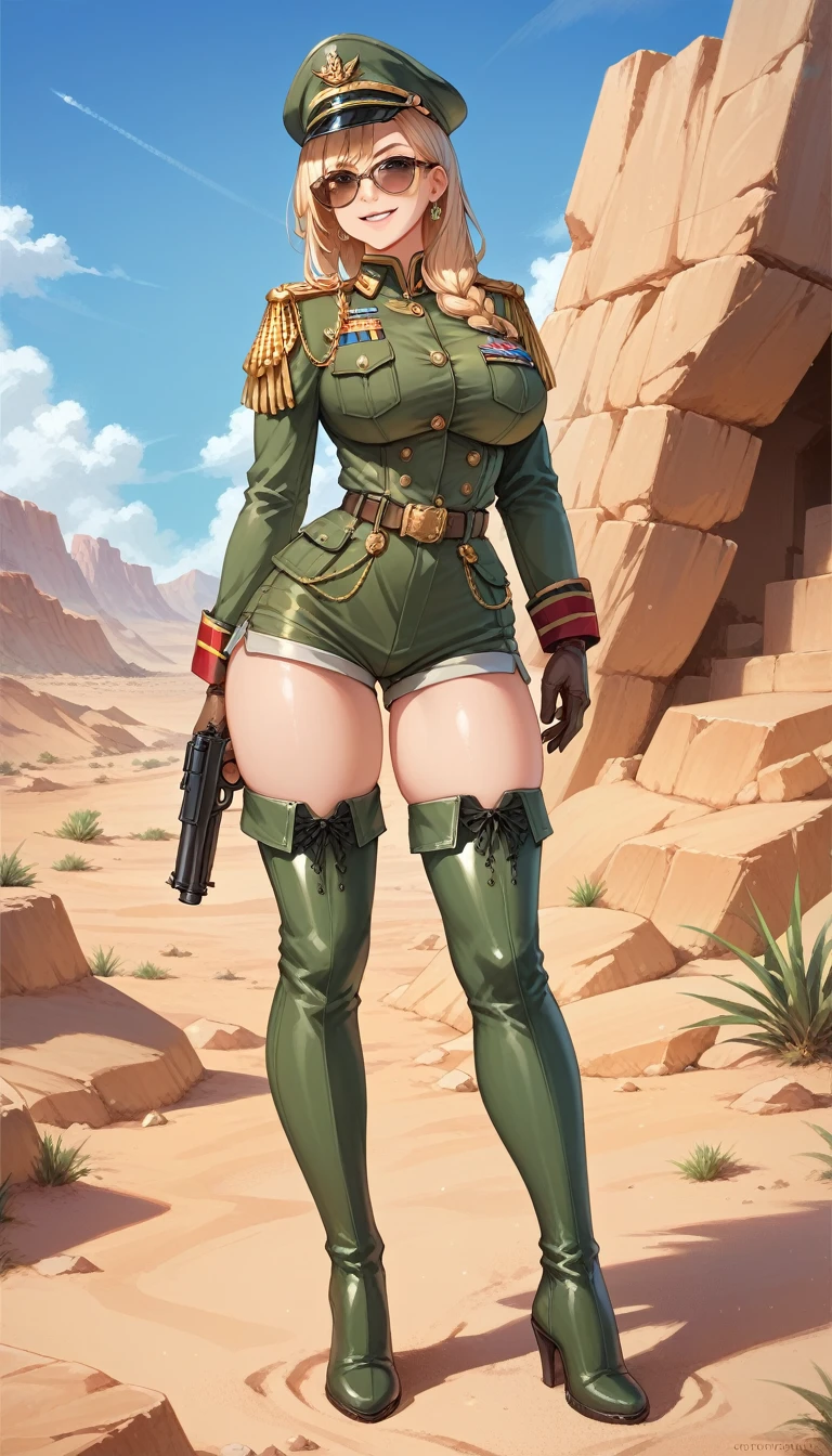  masterpiece,   highest quality , 1 girl, standing, Alone,  BIG BREASTS, thin waist, thighs grossas, green uniform militar, epaulettes, thigh boots, uniform militare, military, uniform, belt, shorts, boots,  gloves,  thighs,  full legs,  straight and long blond hair,  DARK GLASSES ,sunglasses,   mischievous smile , in the desert, Hold gun ,