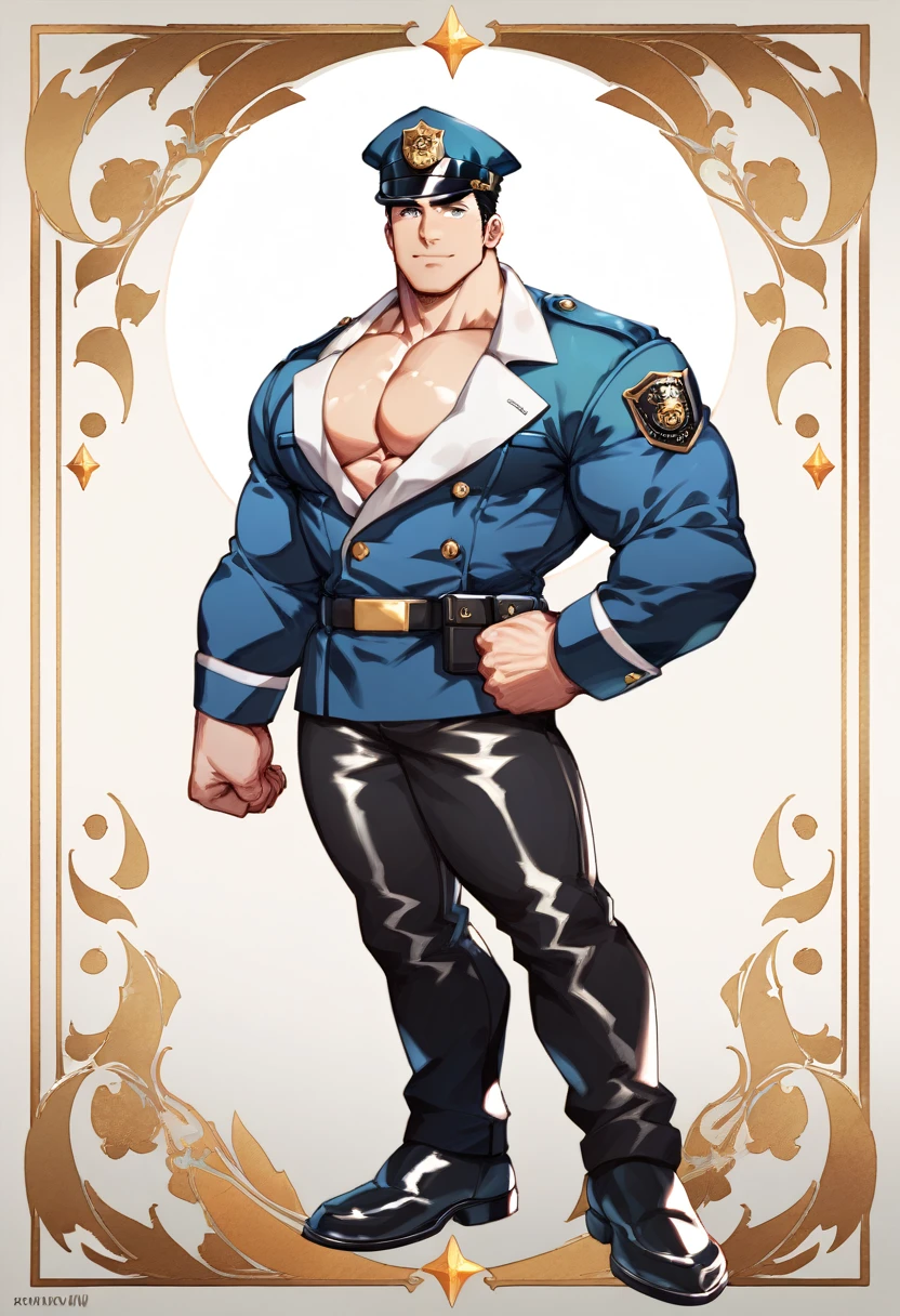  mature man，45 years， Short, detailed hair，Slag，muscular，huge pectorals，Broad shoulders， Thick-breasted ，（ large lump in the crotch ：1.5），leather harness， tight pants ，（ bare chest muscles ），name plate，To revolve ，police hat，Indecent expressions， indecent pose ，male gaze， masterpiece ，high sharpness，high detail， full lesbian bodies，in a panoramic view，cartoon， Line decoration style， pretty face 