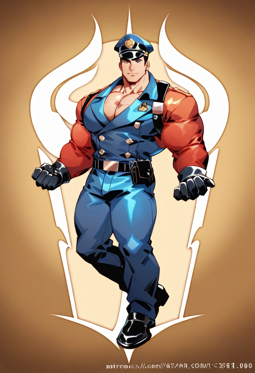  mature man，45 years， Short, detailed hair，Slag，muscular，huge pectorals，Broad shoulders， Thick-breasted ，（ large lump in the crotch ：1.5），leather harness， tight pants ，（ bare chest muscles ），name plate，To revolve ，police hat，Indecent expressions， indecent pose ，male gaze， masterpiece ，high sharpness，high detail， full lesbian bodies，in a panoramic view，cartoon， Line decoration style， pretty face 