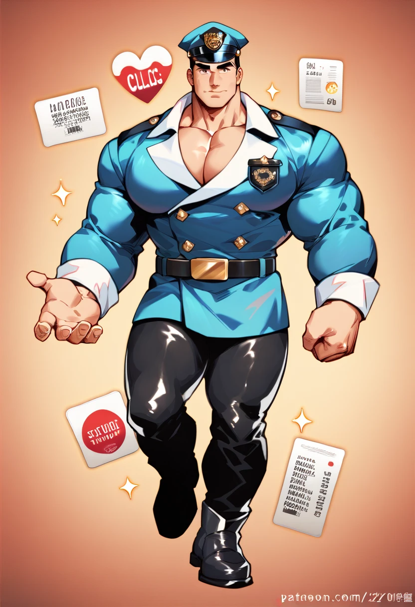  mature man，45 years， Short, detailed hair，Slag，muscular，huge pectorals，Broad shoulders， Thick-breasted ，（ large lump in the crotch ：1.5），leather harness， tight pants ，（ bare chest muscles ），name plate，To revolve ，police hat，Indecent expressions， indecent pose ，male gaze， masterpiece ，high sharpness，high detail， full lesbian bodies，in a panoramic view，cartoon， Line decoration style， pretty face 