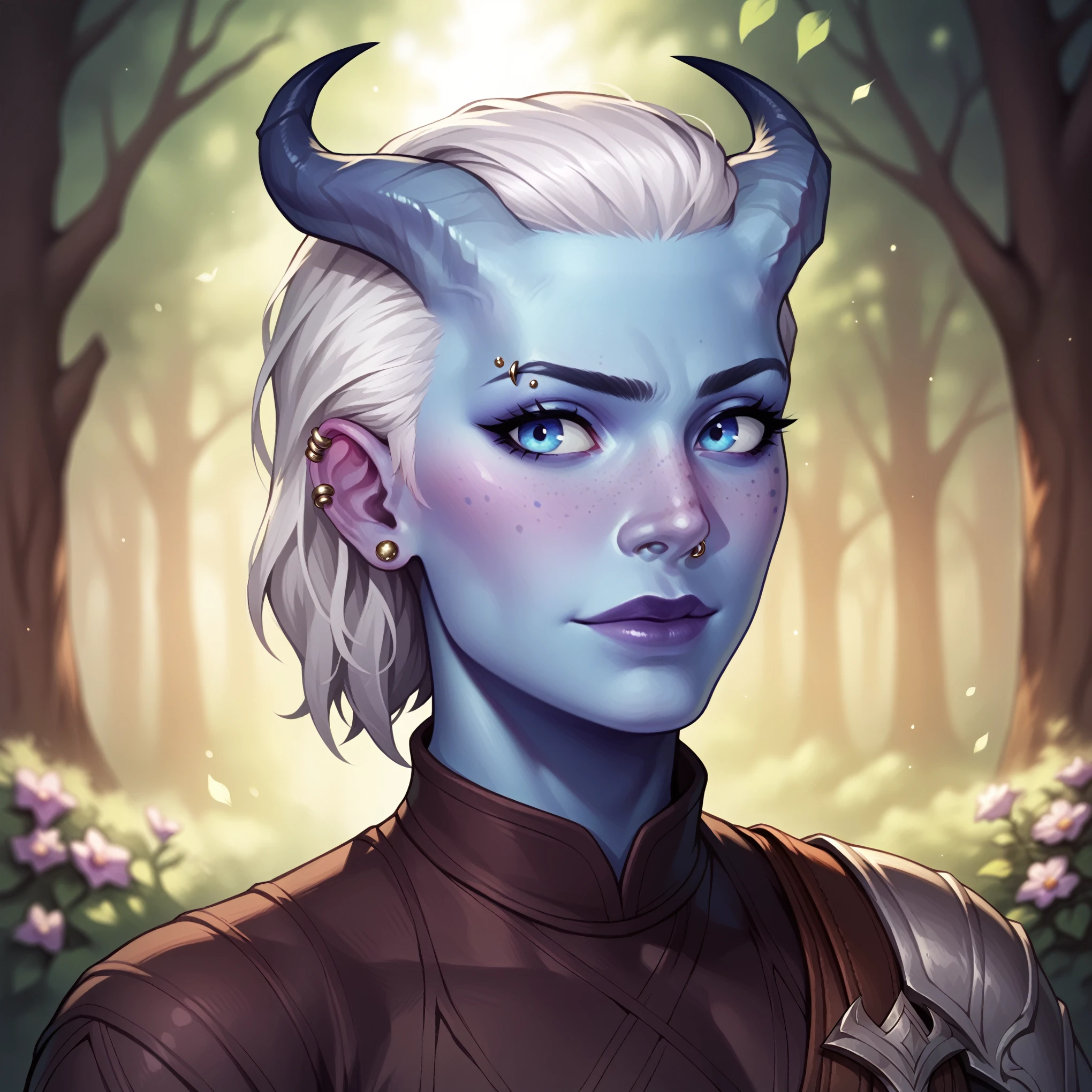 (((beautiful, high quality, comics style, detailed face))), score_9, score_8_up, score_7_up, BREAK, tiefling, 1boy, androgynous, short straight horns, ear piercings, blue skin, blue freckles, white hair, asymmetrical bob, slender, portrait, blurred background, (dynamic lighting:1.1) ((masterpiece)), easynegative