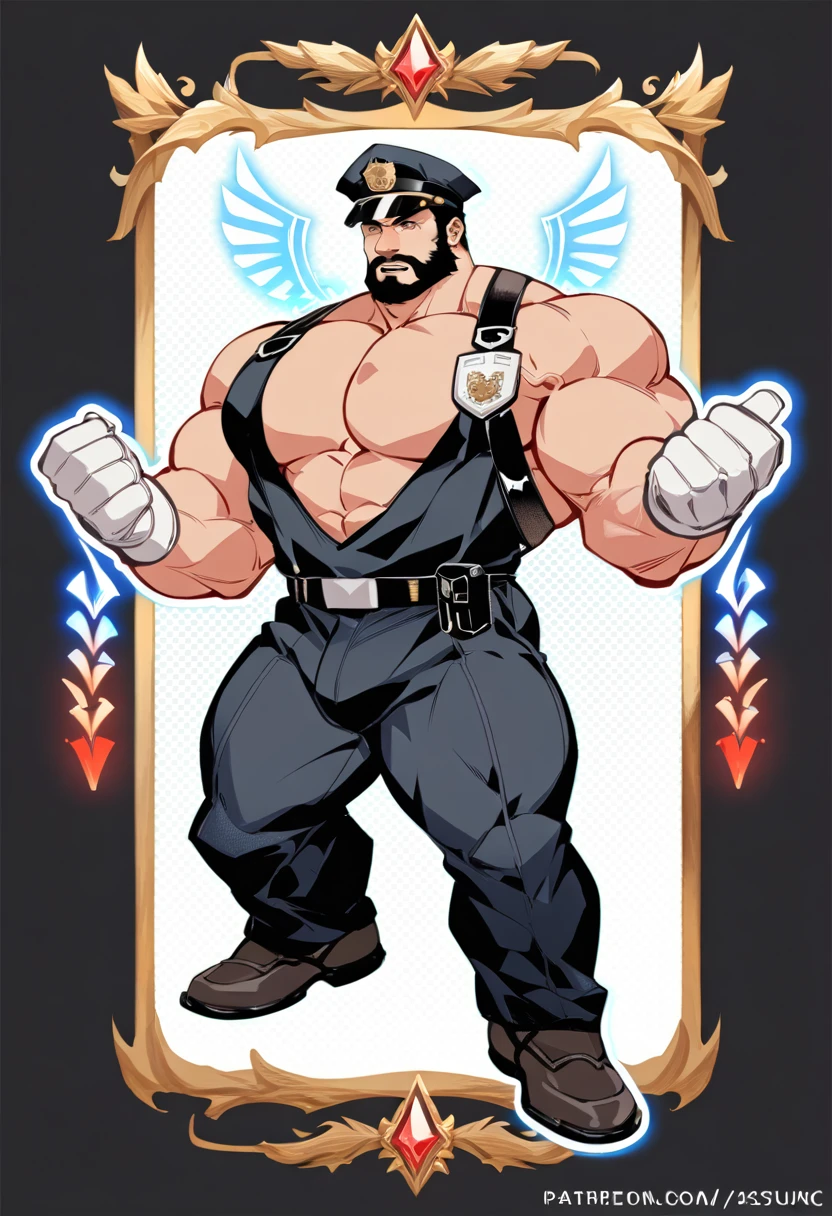  mature man，45 years， Short, detailed hair，NSFW ,Slag，muscular，huge pectorals，Broad shoulders， Thick-breasted ，（ large lump in the crotch ：1.5），leather harness， tight pants ，（ bare chest muscles ），name plate，To revolve ，police hat，Indecent expressions， indecent pose ，male gaze， masterpiece ，high sharpness，high detail， full lesbian bodies，in a panoramic view，cartoon， Line decoration style，handsome, bearded, big penis, big legs, masterpiece, high resolution, high quality.