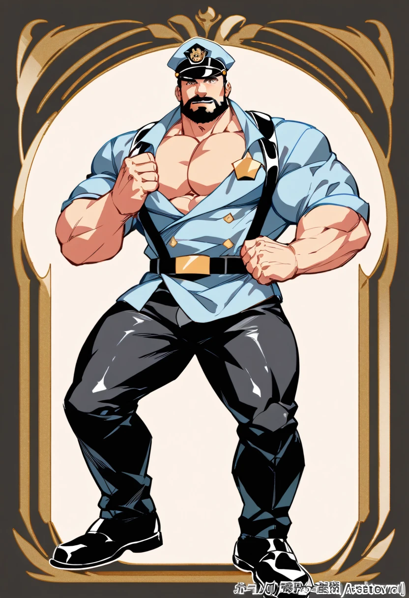  mature man，45 years， Short, detailed hair，NSFW ,Slag，muscular，huge pectorals，Broad shoulders， Thick-breasted ，（ large lump in the crotch ：1.5），leather harness， tight pants ，（ bare chest muscles ），name plate，To revolve ，police hat，Indecent expressions， indecent pose ，male gaze， masterpiece ，high sharpness，high detail， full lesbian bodies，in a panoramic view，cartoon， Line decoration style，handsome, bearded, big penis, big legs, masterpiece, high resolution, high quality.