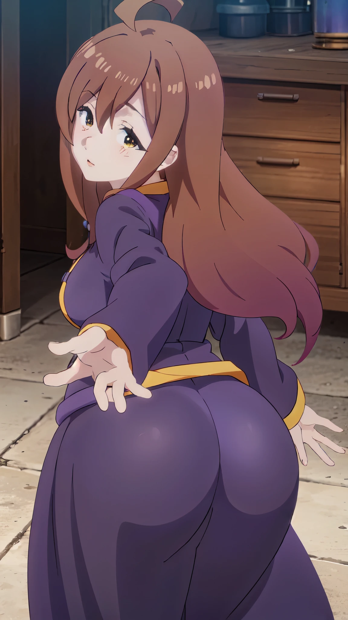 anime, 1girl, detailed, (from behind), (big ass), perfect ass, round ass, (purple dress, brown hair, looking back, ((leaning forward)), showing her ass