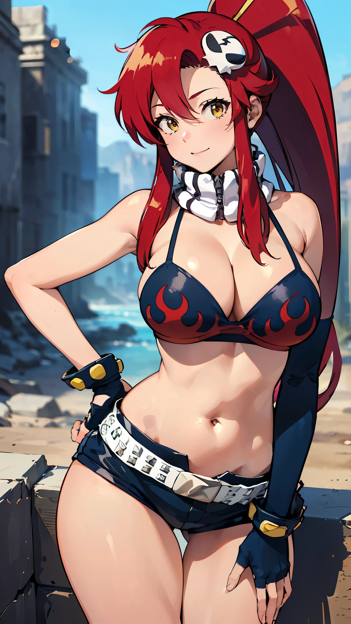 1girl, bikini, breasts, dark skin, gloves, flame print, hair ornament, long wave hair, blonde hair, scarf, shorts,  evil face, smirk, red eyes(empty eye), half-closed eyes, yoko littner, yokoli, best quality, masterpiece, sky, weakly, standing, 