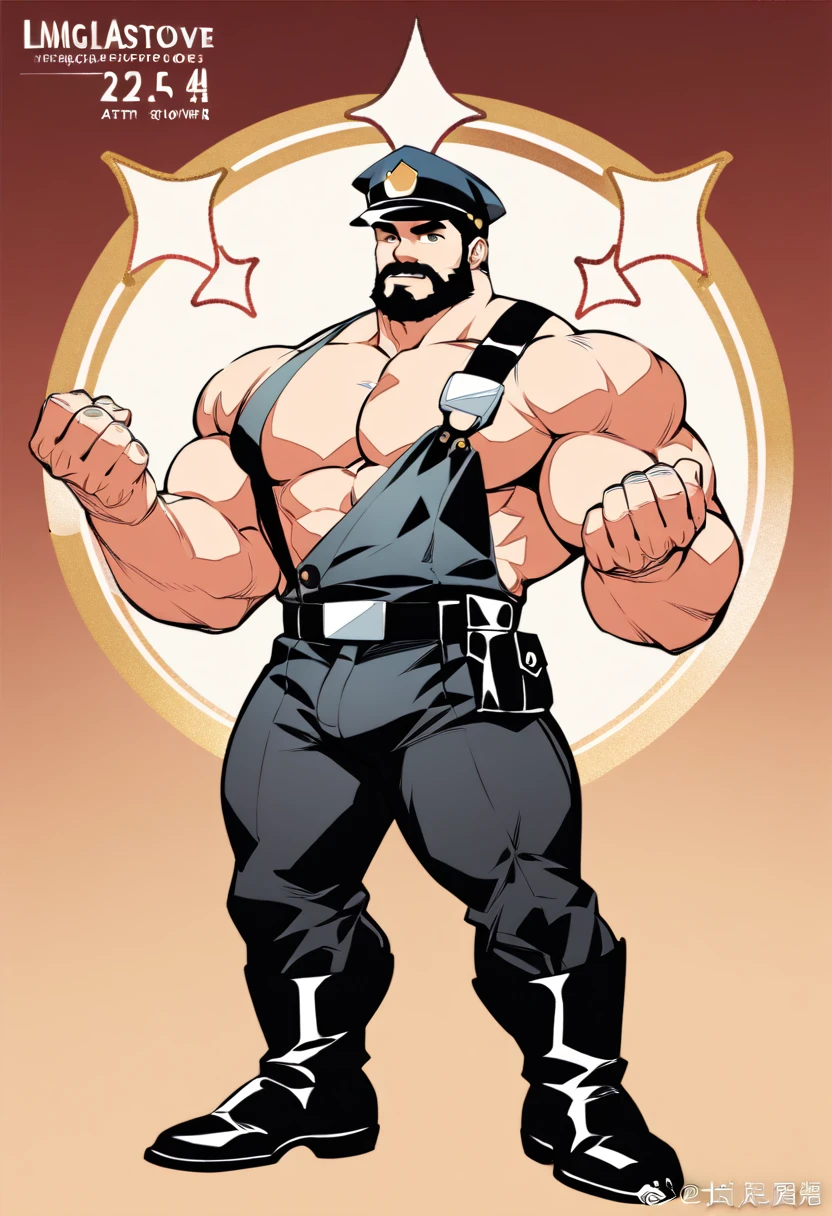  mature man，45 years， Short, detailed hair，NSFW, naked, Slag，muscular，huge pectorals，Broad shoulders， Thick-breasted ，（ large lump in the crotch ：1.5），leather harness， tight pants ，（ bare chest muscles ），name plate，To revolve ，police hat，Indecent expressions， indecent pose ，male gaze， masterpiece ，high sharpness，high detail， full lesbian bodies，in a panoramic view，cartoon， Line decoration style，handsome, bearded, big penis, big legs, masterpiece, high resolution, high quality.