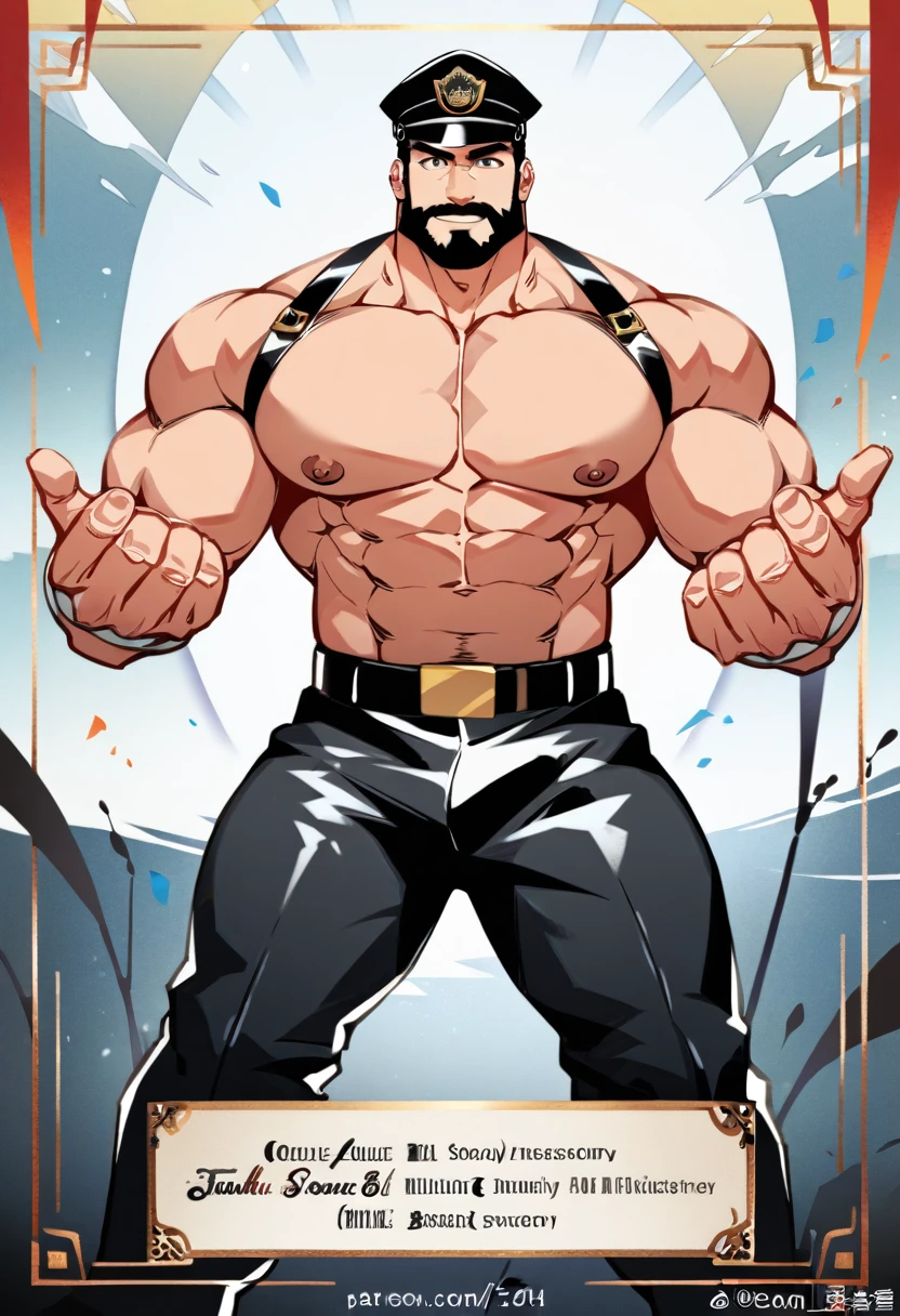  mature man，45 years， Short, detailed hair，NSFW, naked, Slag，muscular，huge pectorals，Broad shoulders， Thick-breasted ，（ large lump in the crotch ：1.5），leather harness， tight pants ，（ bare chest muscles ），name plate，To revolve ，police hat，Indecent expressions， indecent pose ，male gaze， masterpiece ，high sharpness，high detail， full lesbian bodies，in a panoramic view，cartoon， Line decoration style，handsome, bearded, big penis, big legs, masterpiece, high resolution, high quality.