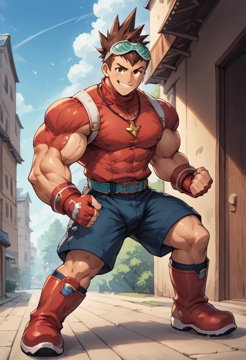 Highest quality,Best Quality,(( huge muscles, huge erect penis,))score_9, score_8_up, score_7_up, score_6_up, detailed, intricate details,best quality ,source_anime,geo stelar , brown hair, brown eyes, goggles, red jacket, necklace, male focus, gloves, boots, fingerless gloves, full body, shorts, goggles on head, belt, spiked hair, smile, clenched hands, standing, knee boots, clenched hand, red gloves, blue shorts, turtleneck, legs apart, blue shorts, red boots, outdoors,Imminent sexual activity,Glowing Skin, glossy skin,A fine penis,Pull your penis out of the gap between your pants, stand on all fours with your head on the ground ,Crying face,Ejaculate,