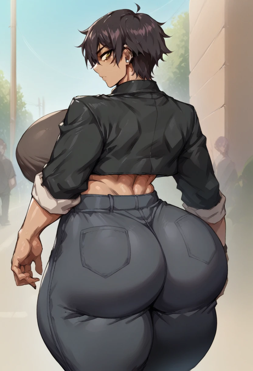 Rolanda Zavala: *Female tomboy, messy short black hair and brown eyes, Latina 2, huge breasts and thicc thighs nice curves and huge ass,out in the streets,age 22, no sleep* [cloths]black jacket, back button shirt ready to pop, black long saggy pants goth look*