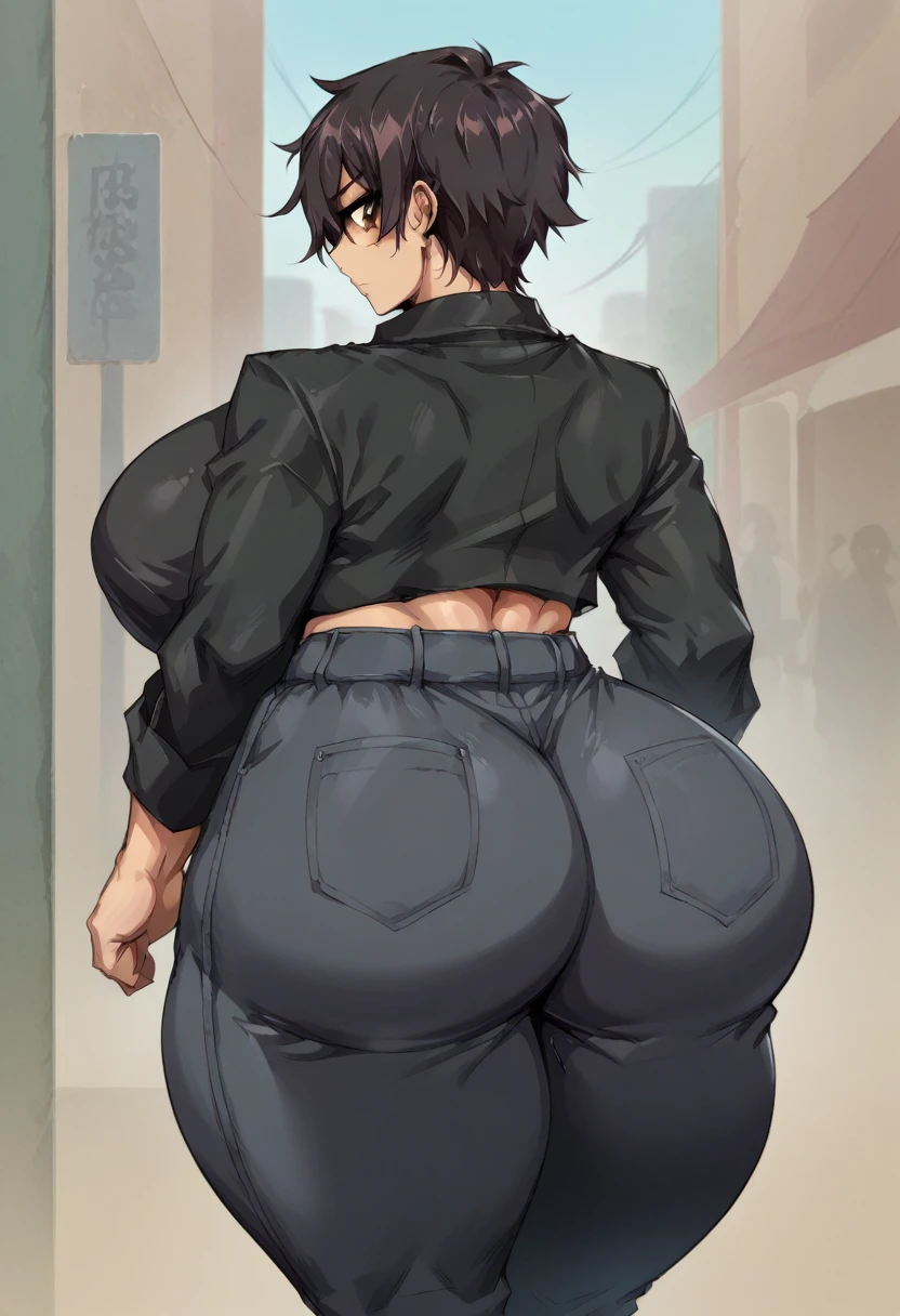 Rolanda Zavala: *Female tomboy, messy short black hair and brown eyes, Latina 2, huge breasts and thicc thighs nice curves and huge ass,out in the streets,age 22, no sleep* [cloths]black jacket, back button shirt ready to pop, black long saggy pants goth look*