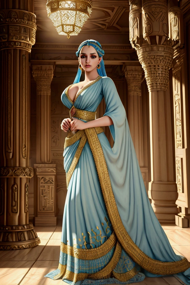 A beautiful woman with light blue hair, wearing an ornate, flowing Odalisque-style dress, standing in an ancient Egyptian palace interior with intricate architectural details, lush greenery, and warm lighting, (best quality,4k,8k,highres,masterpiece:1.2),ultra-detailed,(realistic,photorealistic,photo-realistic:1.37),extremely detailed eyes and face,longeyelashes,detailed dress with ornate patterns,flowing fabric,ornate palace interior,detailed architecture,lush greenery,warm lighting,muted color palette,portrait,digital art