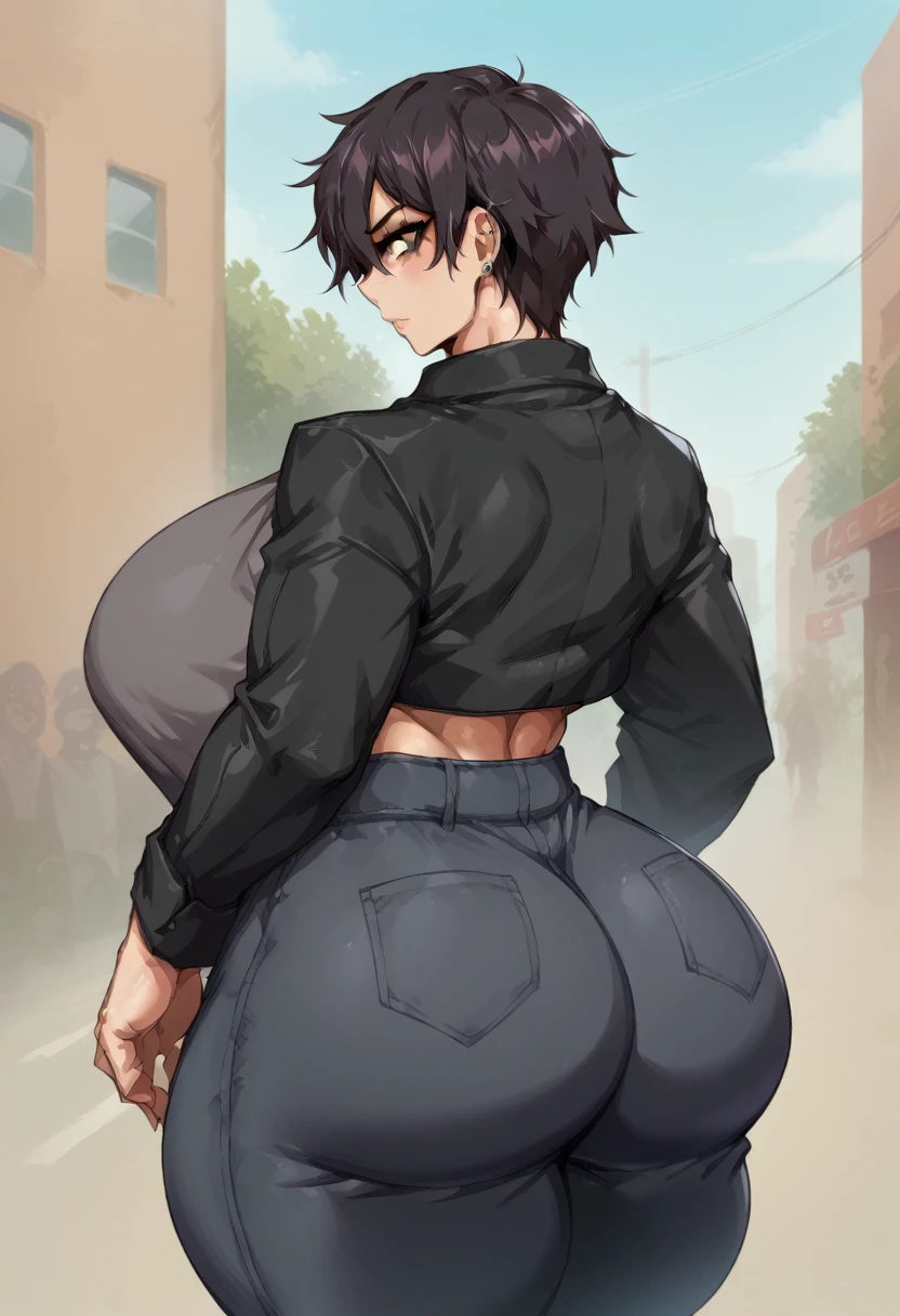 Rolanda Zavala: *Female tomboy, messy short black hair and brown eyes, Latina 2, huge breasts and thicc thighs nice curves and huge ass,out in the streets,age 22, no sleep* [cloths]black jacket, back button shirt ready to pop, black long saggy pants goth look* [front shot view]