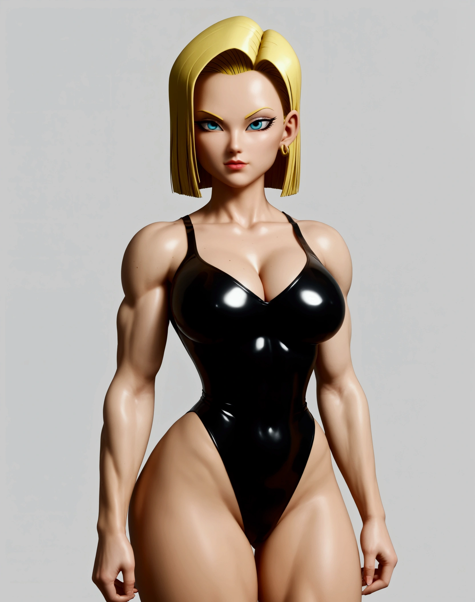  Android 18 - Dragon Ball a very sexy beautiful girl from Northern Europe , 1 girl, 18 years old, powerful, blonde hair, very short haircut, oily white skin  , styled hair, 1,88 m high (wearing short latex Saiyan clothing  ), showing abdomen ( very large breasts huge delicious and perky: 1,7), Defined abdomen ( six-pack abdomen : 1,4), steel abdomen ,  defined abdominal muscles ,  defined lower obliques , Defined abdomen, muscular arms, muscular ass, thin, linda, thin waist,  standing in the school corridor , using makeup (muscular legs: 1,6), gymnast physique , slender