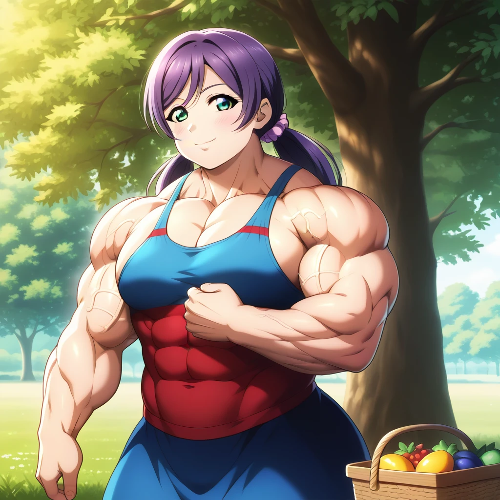 A muscular woman enjoying a picnic under a large tree in the park, smiling as she passes a drink to her friends. Wearing a casual summer dress, her athletic build is naturally shown as she effortlessly moves the picnic basket and relaxes on the blanket. The atmosphere is light and friendly. muscular girl, ((((huge)))) girl, (((((flat))))) chest,((((((wide)))))) shoulder, 1girl, ((((thick)))) neck, (((((wide))))) pecs, ((((muscular, muscle, big girl, fat, thick arms, (((large))) torso, pectorals, lat, ((((huge)))) hip)))), straight waist, upper body, anime, japanese anime, japanese animation, very large muscles, love live, id_nozomi_tojo, nozomi toujou, green eyes, purple hair, twintails, low twintails, scrunchie, long hair, detailed eyes, detailed mouth, detailed face, detailed faceline, best quality, masterpiece, intricate details, detailed, professional, front view, Upper pectoralis major, Middle pectoralis major, Lower pectoralis major, Trapezius, deltoid, anterior deltoid, middle deltoid, posterior deltoid, Biceps, Biceps long head, Biceps short head, Triceps, Triceps medial head, Triceps Lateral Head, Triceps long head, Sternocleidomastoid, Platysma, Forearm Muscles, Serratus anterior, Oblique abdominal muscles, Rectus abdominis, abs, Transverse abdominis, Gluts, gluteus maximus muscle, Gluteus medius muscle, Tensor fasciae latae muscle, quads, Rectus femoris muscle, Vastus lateralis muscle, Vastus intermedius muscle, Vastus medialis muscle, hamstring, Biceps femoris muscle, Biceps femoris long head, Biceps femoris short head, Semimembranosus, Semitendinosus, Adductor magnus muscle, surae muscle, Triceps surae muscle, Gastrocnemius muscle, Soleus muscle, blood vessels, vein, artery, vascular, veiny arms, veiny shoulder, (((vascular))) neck, (((veiny))) chest, briny torso, veiny hip