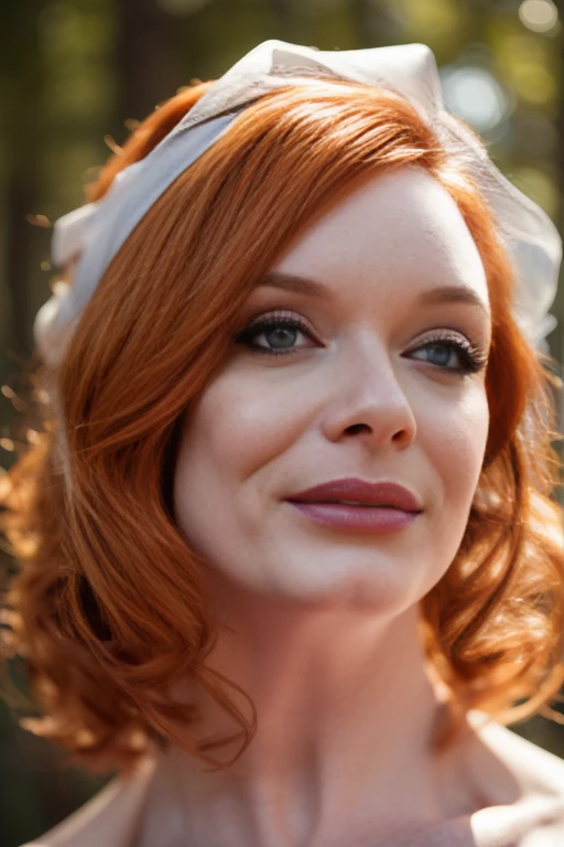 Christina Hendricks as a Halloween Mummy, (chr1sth3ndx)beautiful Mummy , ((Detailed face:1.1, Detailed eyes, Beautiful Detailed Lips , Beautiful Skin)), red hair, Bright smile, Looking up, wearing white bandages、 , (( Halloween)), Dark forest background, (Best Quality:1.2, very detailed, super high definition, high contrast , masterpiece:1.2, Best aesthetics), Cinematic lighting, Dramatic Shadows, 