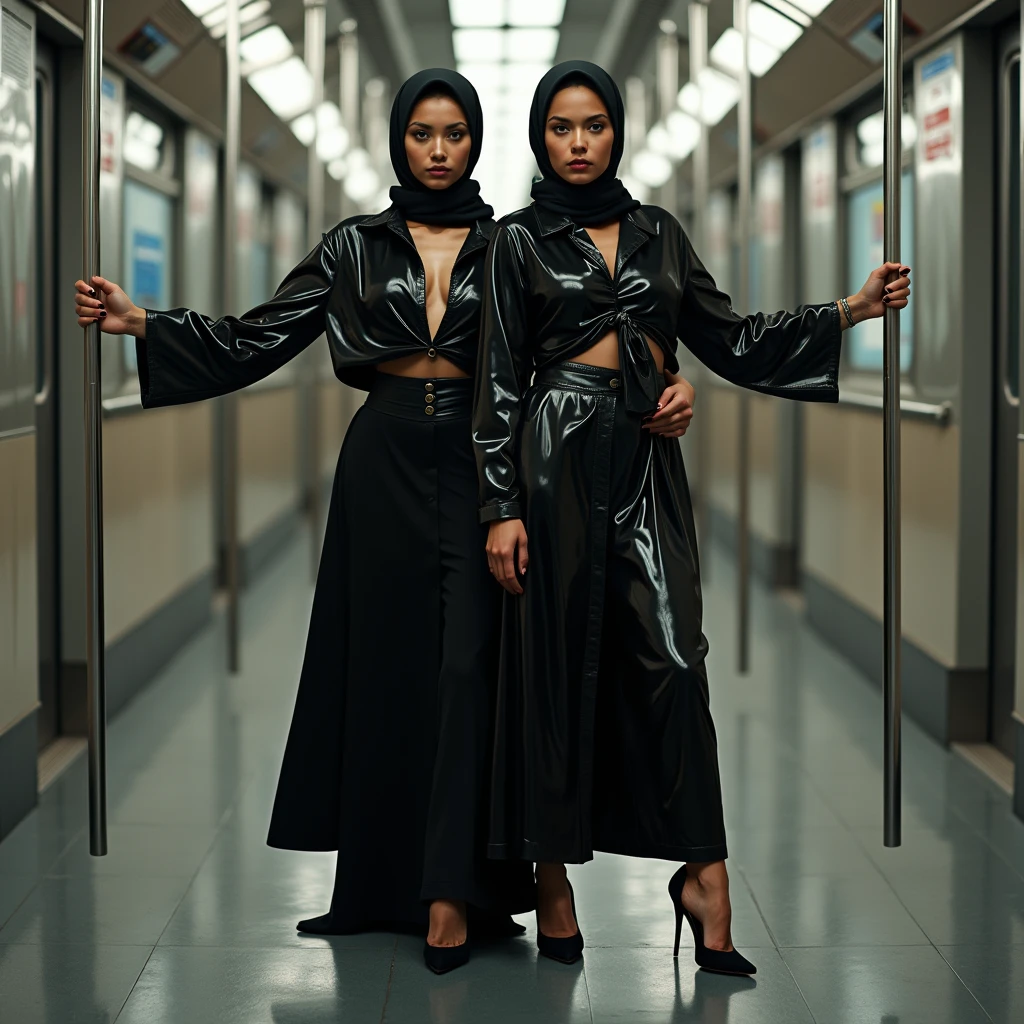 (A lovely young Malaysian woman, age 19, hijab no hair showing, rich conservative outfit with a lot of silk), waits in a luxurious Train Station
