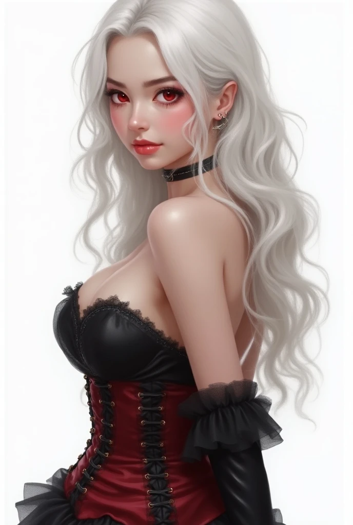 1girl, sunglasses, solo, hat, lipstick, red lips, long white hair, dress, plunging neckline, makeup, monochrome, white background, earrings, cleavage, jewelry, upper body, spot color, hair over shoulder,dark theme,shiny,shiny skin,milf,(mature japanese female:1.2),