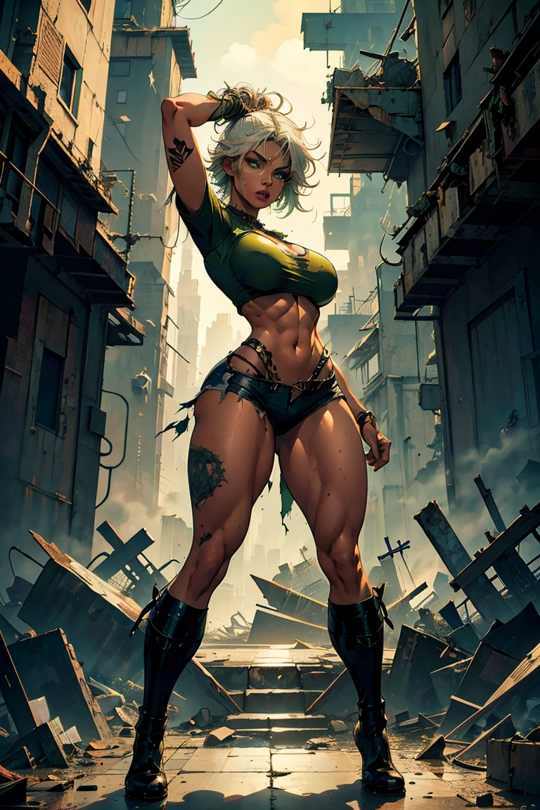 Masterpiece artwork , best quality , detailded, NSFW, full body, perfect body, girl, extremely strong, well defined body, bodybuilder body, big breasts, small waist, dark skin tone, well detailed skin, skin texture, green eyes, short white hair , body showing several scars, a lot of sweat, tight t-shirt, some torn rags covering the body, tight micro shorts, boots, dynamic pose, in a large abandoned angar, apocalyptic image, serious expression, image as the basis of a survival character apocalyptic, environmental detail, dust.
